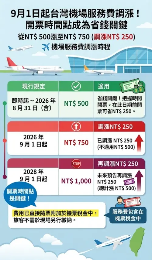 ▲ 2026 年 9 月 1 日起，台灣出境旅客隨機票收取的機場服務費將由現行 500 元調高至 750 元，後年 2028 年 9 月又將進一步調漲至 1,000 元。（圖／AI生成，記者潘毅監製）
