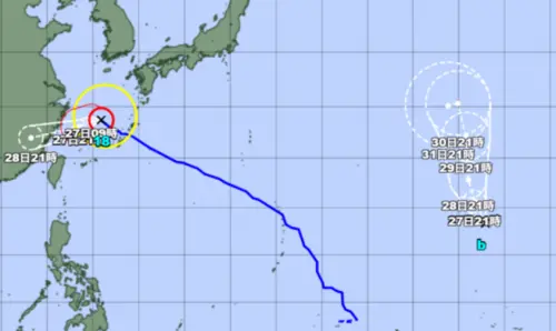 ▲據日本氣象廳最新天氣資訊，太平洋上今（26）日晚間 TD25 生成，日本氣象廳已發布烈風警報（Gale Warning），預估未來24小時內將增強為今年第21號颱風「艾陶」（Etau）。（圖／日本氣象廳）