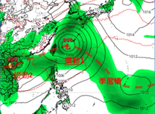 ▲根據最新歐洲（ECMWF）模式、下週一（31日20時）模擬圖顯示，「季風槽」活躍，台灣東方海面及南海皆有熱帶擾動發展的跡象，行逕彼此干擾。（圖／氣象應用推廣基金會．洩天機教室）