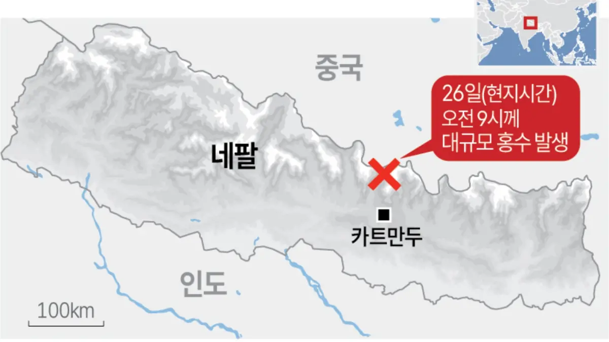 ▲韓媒的尼泊爾北部山洪地理位置示意圖。（圖／翻攝自韓聯社）