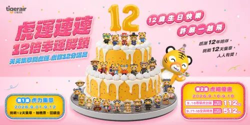 台灣虎航12週年慶登場　機票最低112元、登入再抽來回機票