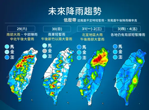 ▲未來一周南台灣降雨時間長，北台灣下周一至下周三，也會因為低壓影響，全天有雨。（圖／中央氣象署cwa.gov.tw）