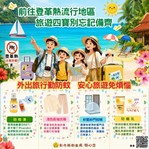 ▲彰化縣衛生局提醒，前往登革熱流行地區應注意防蚊。（圖／彰化縣政府提供，2026.08.28）