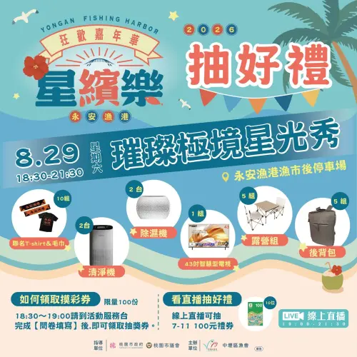 ▲永安漁港星繽樂狂歡嘉年華現場的摸彩活動更是最終場的重頭戲。主辦單位特別準備了限量 100 份的摸彩券。（圖／桃園市農業局）