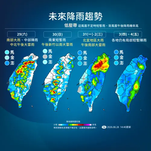 ▲西南風持續影響，南部地區今（29）日起持續慎防局部大雨、雷雨發生機率。（圖/中央氣象署cwa.gov.tw）