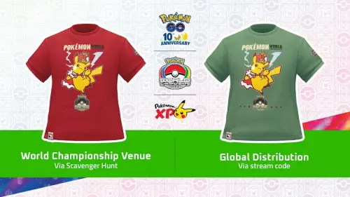 ▲《Pokémon GO》推出紅、綠兩款2026世界賽紀念T恤，紅色版本須於世界賽現場參加活動取得，綠色版本則開放全球玩家透過兌換碼領取。（圖／翻攝自Pokémon GO）