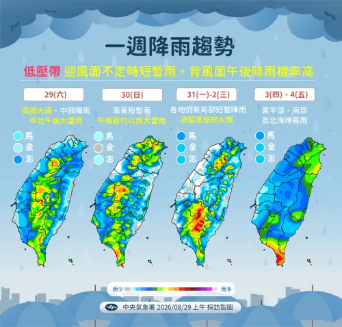 ▲未來一周台灣仍處於不穩定的天氣，各地都有降雨機會。（圖／中央氣象署cwa.gov.tw）