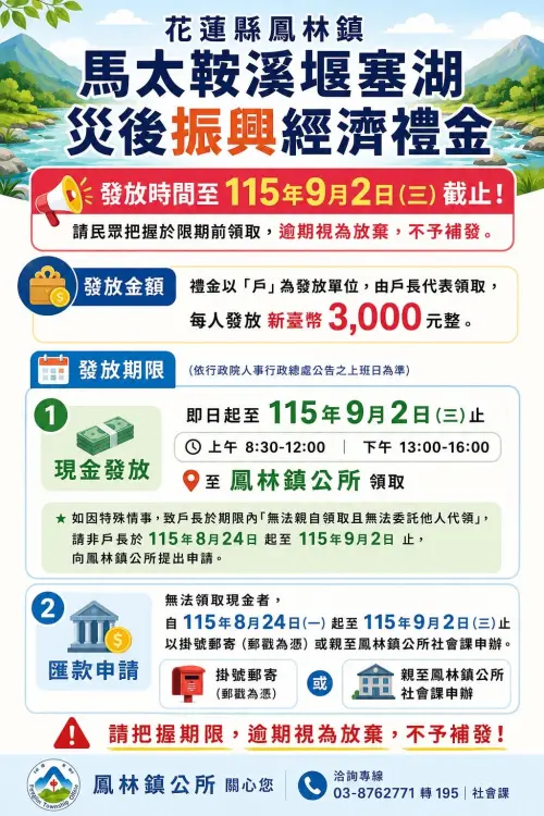 ▲花蓮縣鳳林鎮「每人現金3000元」災後振興經濟禮金，目前於鎮公所發放至9月2日截止，逾期未領取視為放棄。（圖／鳳林鎮公所FB）