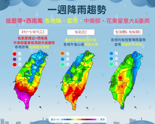 ▲低壓帶、西南風影響，未來一周南台灣的降雨依舊相當旺盛，其它地區降雨機率也較高。（圖／中央氣象署cwa.gov.tw）