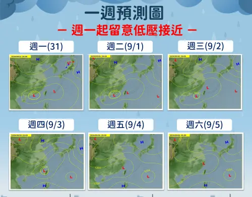 ▲未來一周台灣都處在明顯的低壓帶內，環境非常不穩定，降雨機率高。（圖／中央氣象署cwa.gov.tw）
