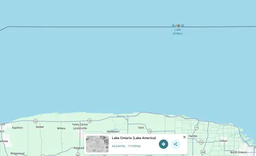 ▲身處美國及加拿大以外的Google Maps使用者，會同時看到「美國湖」及「安大略湖」兩個名稱。（圖／翻攝自Google Maps）
