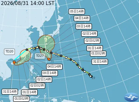 ▲沙德爾颱風今天深夜至明天有機會重回「輕颱」姿態，科羅旺颱風則預估明天生成。（圖／中央氣象署cwa.gov.tw）