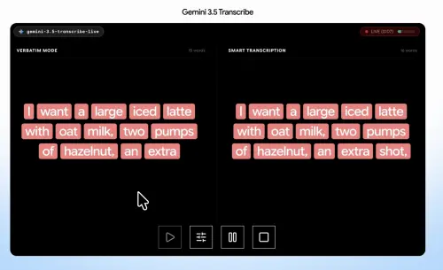 ▲Gemini 3.5 Transcribe提供「忠實轉錄」與「智慧轉錄」模式，後者可自動刪除「嗯、啊」等贅詞，並處理口吃、重複及說到一半改口的內容。（圖／翻攝自Google）