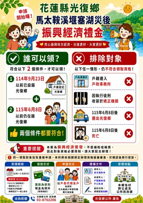 ▲花蓮縣光復鄉「每人10000元」馬太鞍溪堰塞湖災後振興經濟禮金，誰可以領、發放申請方式一圖看懂。（圖／花蓮縣光復鄉公所FB）