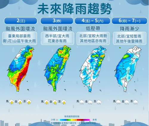 ▲周六（9月5日）前水氣偏多、全台都有降雨機率，南部、花東雨勢較明顯，周日（9月6日）天氣才有望逐漸穩定。（圖／中央氣象署cwa.gov.tw）