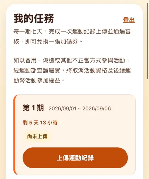 ▲登入後上傳運動紀錄。（圖／揮汗有禮官網500.gov.tw/）