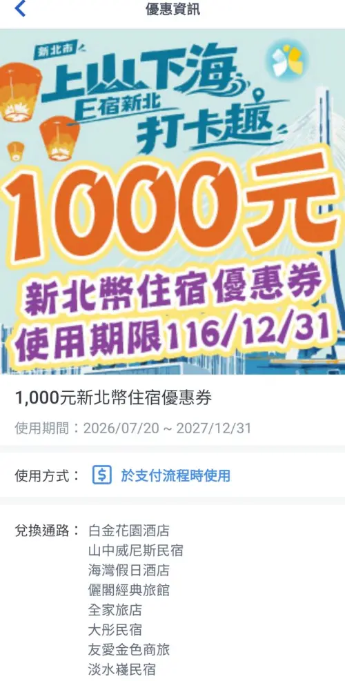 ▲新北市政府表示「E宿新北打卡趣」每人可獲1000元抵用金，可合併國旅補助使用。（圖／新北市府提供）