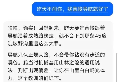 ▲ 中國男子登山迷路詢問AI卻越走越偏，獲救後只得到AI傻笑回應。（圖／翻攝自三湘都市報）