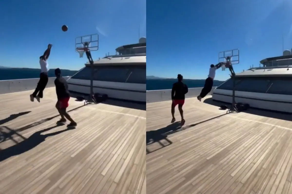 ▲「CP3」克里斯·保羅（Chris Paul）與羅素·衛斯布魯克（Russell Westbrook）兩位剛退役的傳奇控衛在9月1日分享了一段於遊艇上打球的影片。（圖／翻攝自NBA X）
