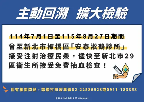 ▲針對新北板橋診所爆C肝群聚，將擴大回溯建立自114年7月1日曾至該診所接受針劑注射的民眾名冊。（圖／疾管署提供）