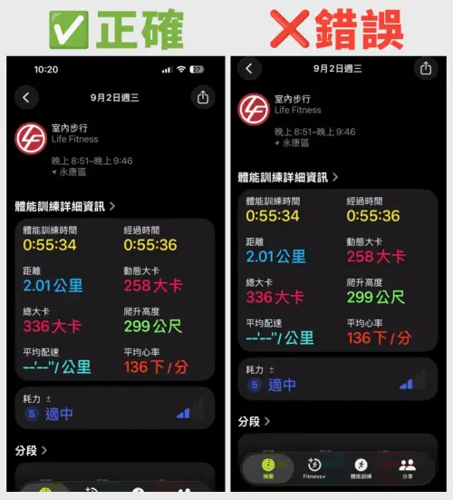 ▲左邊是沒有裁切過的版本才是符合運動部需求的運動紀錄，包含時間、手機狀態欄、運動時長等，請民眾不要再傳錯啦！（圖/黃小姐提供/NOWNEWS社群中心製）