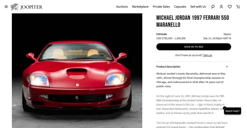 ▲喬丹曾經擁有的傳奇坐駕1997 Ferrari 550 Maranello即將拍賣，目前官方估價高達70萬至130萬美元（約合新台幣4,100萬）。（圖／取自JOOPITER.com）