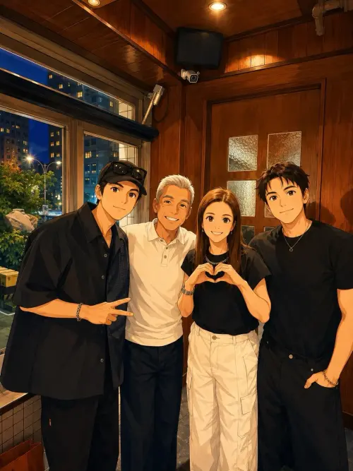 ▲王子（左一）出席朋友生日會，將自己和友人及弟弟邱宇辰（右一）的照片AI化。（圖／Ingrid Chang IG@godloveic）