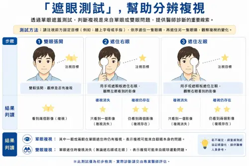▲醫師建議，若有看不清楚或模糊時，可初步用「遮眼測試」幫助分辨複視，並向醫師說明。（圖／北市聯醫提供）