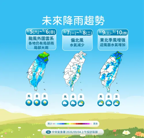 ▲周末受到颱風外圍雲系影響，北部迎風面雨勢較多。（圖／中央氣象署cwa.gov.tw）
