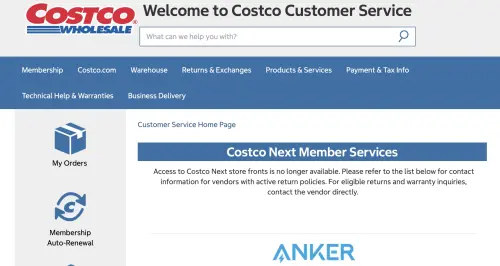 ▲美國好市多「Costco Next」官網無預警貼出關閉告示，表明已無法存取商店，並附上合作廠商聯絡資訊供會員辦理退貨與保固。（圖／翻攝自美國好市多官網）