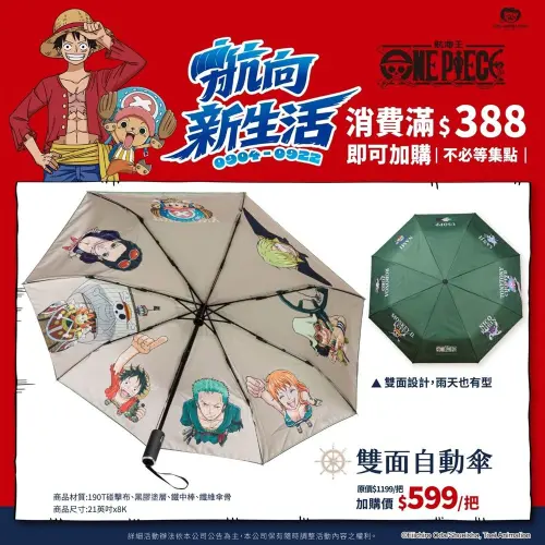 ▲《航海王》雙面自動傘內外皆藏有角色圖樣，加購價599元。（圖／翻攝自康是美）