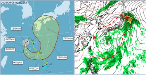 ▲吳德榮專欄分析指出，輕颱「科羅旺」在大低壓環流導引下於琉球附近打轉（左圖）；下週一大低壓環流調整至台灣東方海面後（右圖），全台轉吹東北風且大氣轉趨穩定。（圖／翻攝自氣象應用推廣基金會洩天機教室）