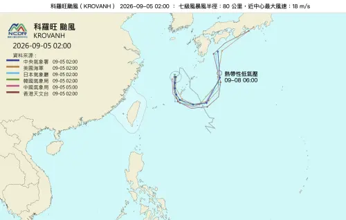 ▲根據國家災害防救科技中心（NCDR）統整的各國路徑預測圖顯示，科羅旺颱風在琉球附近海域出現罕見的大迴轉路徑，將二度侵襲日本沖繩等地。（圖／翻攝自 NCDR）