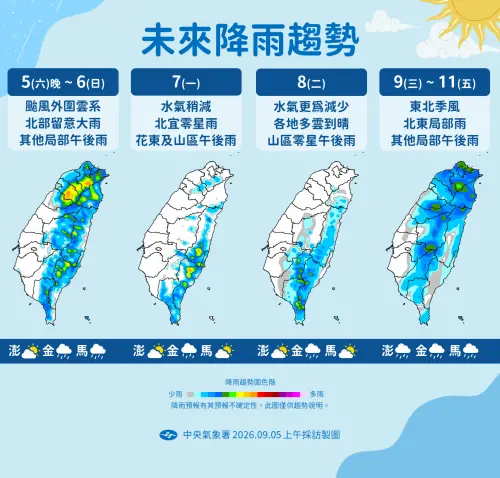 ▲下周一水氣減少，9日到11日受到東北季風影響，北部會有局部雨勢。（圖／中央氣象署cwa.gov.tw）