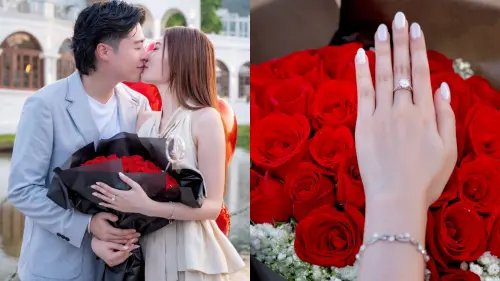 ▲王菲（左圖右）點頭接受張子丰的求婚，並秀出巨大婚戒和玫瑰花。（圖／王菲IG@wongfeiiiiii）