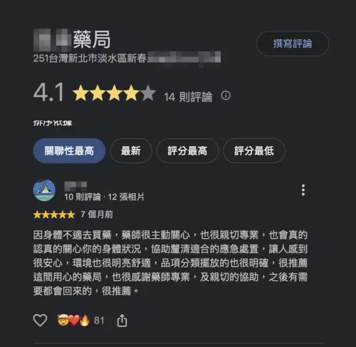 ▲當事藥局 Google 地圖頁面一早曾湧入許多網友貼出報導截圖的 1 星負評，但至午後已全數遭刪除消失。（圖／翻攝自 Google評價）