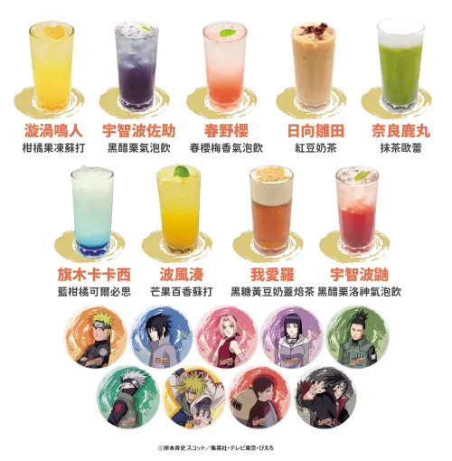 ▲《火影忍者》主題飲品共有多款角色口味，內用或外帶飲品皆可隨機獲得角色杯墊。（圖／曼迪提供）