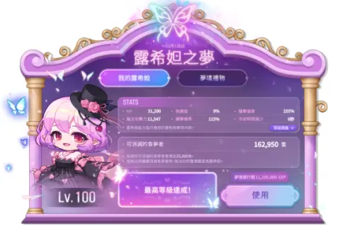 ▲「露希妲之夢」介面可查看露希妲目前等級、能力值及成長狀態，最高可培養至Lv.100。（圖／《新楓之谷》提供）