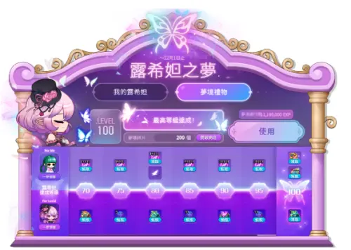 ▲露希妲升到指定等級後，可透過「夢境禮物」領取階段獎勵，Lv.100還有最終成長獎勵。（圖／《新楓之谷》提供）