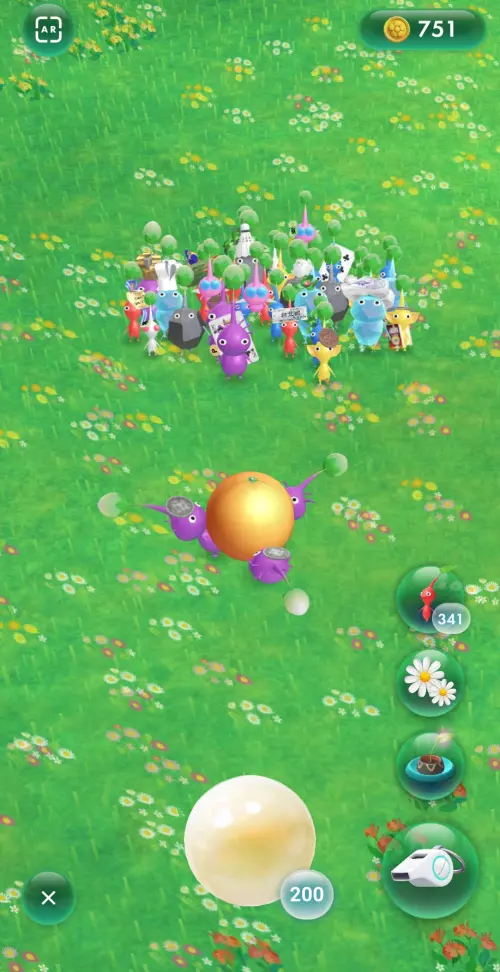 ▲《Pikmin Bloom》皮克敏們從畫面左方一批批進入，玩家才能點選水果，常常領完一整批精華，就要耗時幾分鐘。（圖／《Pikmin Bloom》）