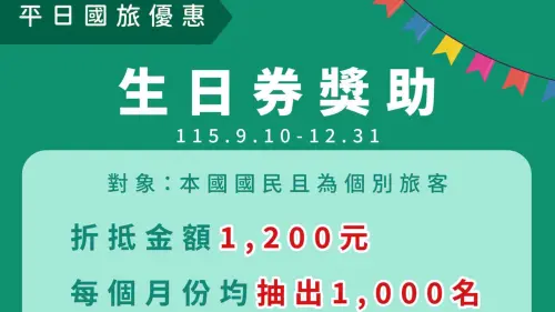 國旅補助生日券登記到今17:00！全台申請1200元、官網9/9查詢中獎
