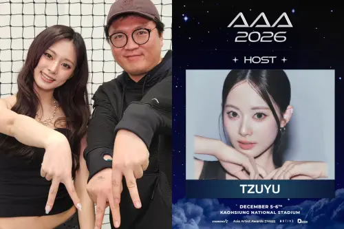 ▲AAA典禮製作人文完植（左圖右）分享和子瑜的合照，兩人一起比出「AAA」的手勢。（圖／Mun Wansik IG@munwansik）