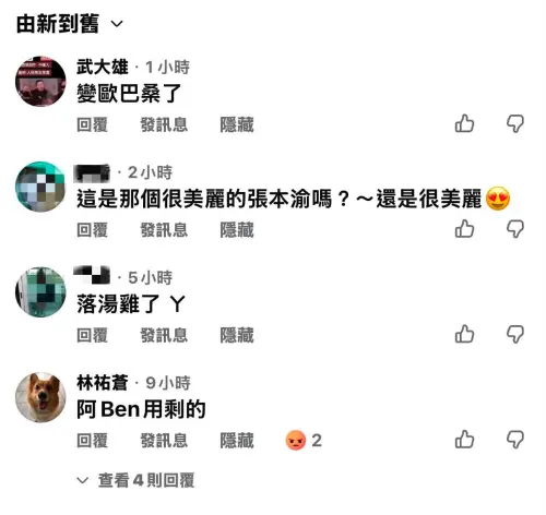 ▲遭沒有真人頭像的酸民留言譏諷「歐巴桑」、「阿Ben用剩的」，張本渝做出回應。（圖／張本渝臉書）