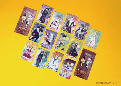 ▲老賴茶棧推出13款《獵人 HUNTER×HUNTER》角色聯名閃卡，集結小傑、奇犽、酷拉皮卡、西索、庫洛洛及蟻王等人氣角色。（圖／老賴茶棧提供）