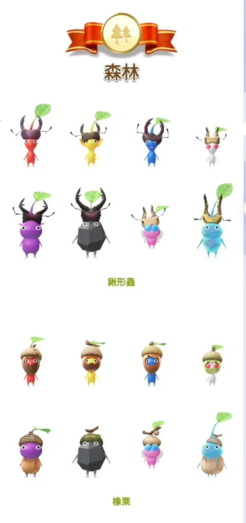 ▲如果想要獲得「鍬形蟲」、「橡栗」的稀有飾品，需要先將兩類別的基本款8色皮克敏全部集齊。（圖／《Pikmin Bloom》）