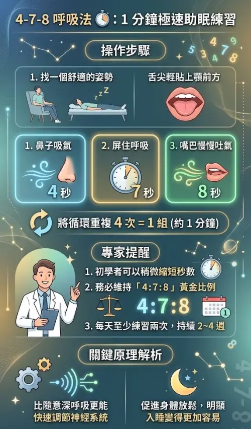 ▲4-7-8 呼吸法操作步驟，可先找一個舒適的坐姿或躺姿，將舌尖輕輕貼在上顎前方，接著用鼻子吸氣 4 秒鐘，隨後屏住呼吸 7 秒鐘，最後再用嘴巴慢慢吐氣 8 秒鐘，將這樣的循環重複四次視為一組。（圖／AI生成，記者潘毅監製）