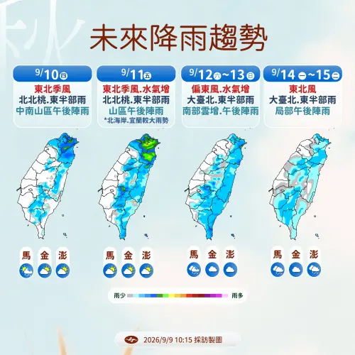▲北部、東半部受到東北季風、南方雲系影響，降雨量偏多，中南部則以午後雷陣雨型態為主。（圖／中央氣象署cwa.gov.tw）