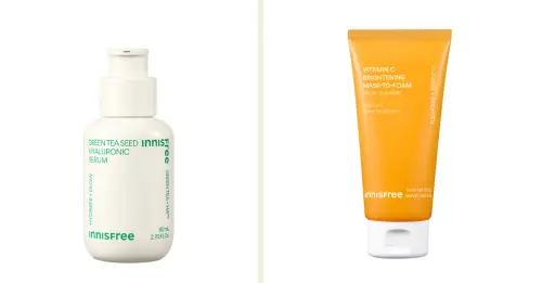 ▲韓系美妝推薦（左）INNISFREE綠茶籽玻尿酸保濕精華 80ml／（右）INNISFREE維他命C亮白泥膜潔面乳 120ml。 （圖／品牌提供）