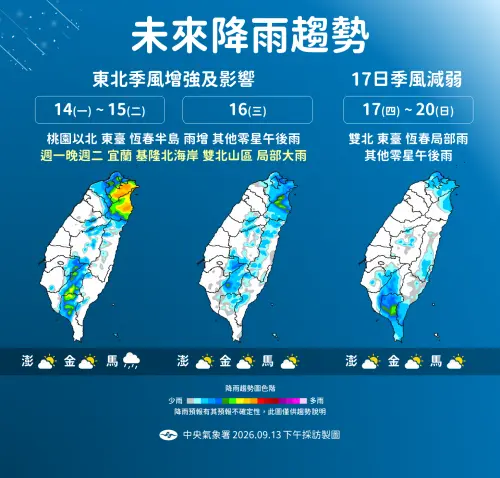 ▲中央氣象署公布未來一周降雨趨勢，建議北部、東部人從明（14）日起連三天都要攜帶雨具。（圖／中央氣象署cwa.gov.tw）