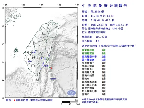 地震速報／6:44東南海域規模4.9地震！最大震度4級　中南部被搖醒